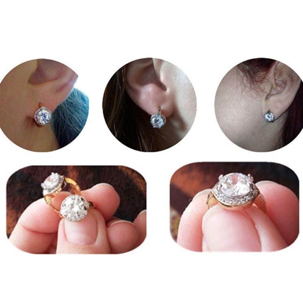 14K Yellow Gold with White Diamond Cubic Zirconia Halo Huggie Hoop Drop Earrings - Picture 13 of 13